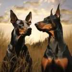 American Doberman pinscher and a European Doberman pinscher looking at each other